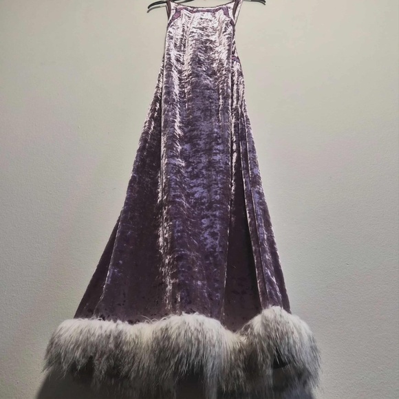Anna Sui Shimmery Mulberry Purple Crushed Velvet Embroidered Faux Fur Maxi Dress - Picture 9 of 13